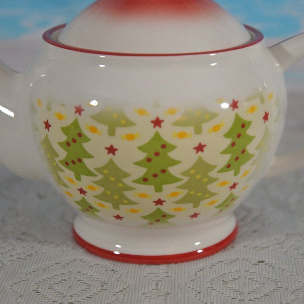 Harry & David Vintage Teapot Christmas Trees Holiday Decoration Red Trim - Picture 2 of 5